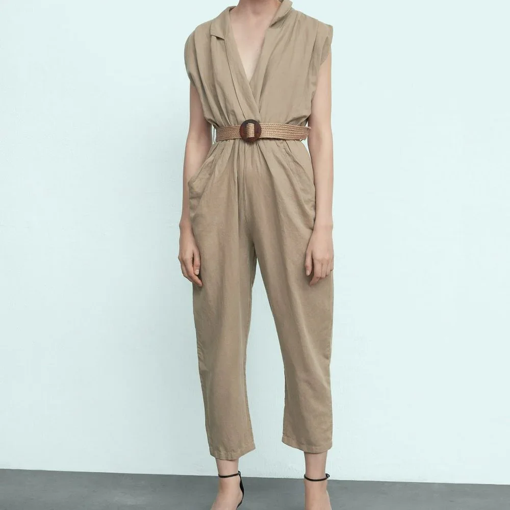 Zara Linen Blend Belted Jumpsuit Sand Sz XL, L